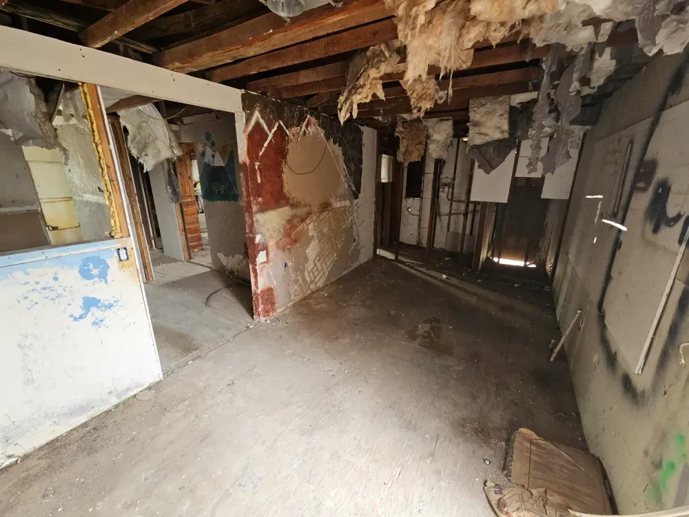 Interior of an older building stripped back for renovation, drywall pulled off the studs, insulation hanging from the ceiling joists and dust across the concrete floor.